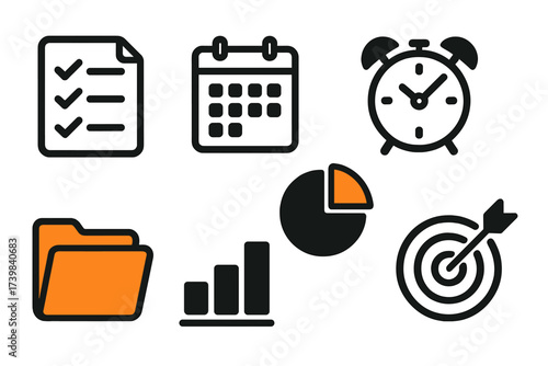 Essential business and productivity symbols for planning, time management, and goal setting