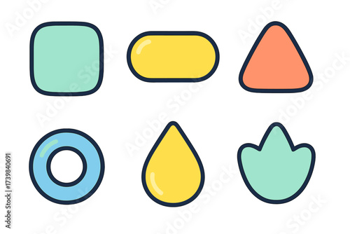 Six colorful geometric shapes with rounded edges and thick outlines