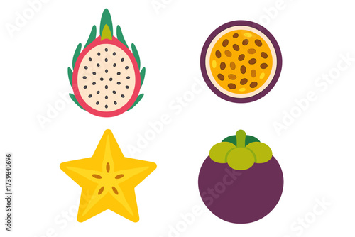 Colorful set of sliced tropical fruits dragon fruit passion fruit star fruit mangosteen