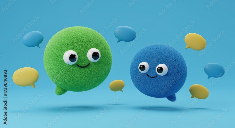 Obraz premium Playful 3D-rendered cartoon characters, rendered with a fluffy texture in shades of green and blue, floating amidst yellow and blue speech bubbles against a vibrant blue background