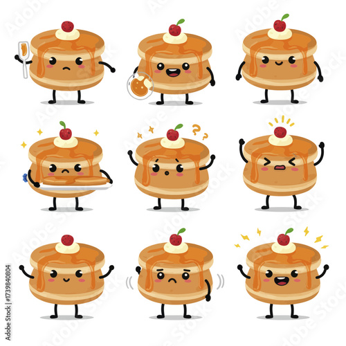 Set of cute cartoon pancake characters with various expressions and poses Adorable breakfast food mascot collection.