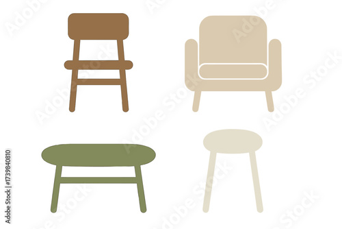 Collection of modern minimalist furniture pieces including chair armchair table and stool in earthy tones