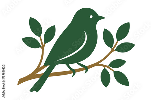 Minimalist dark green songbird perched on a brown tree branch with leaves isolated on a white background