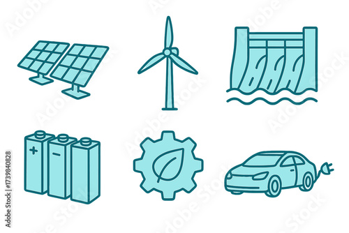 Sustainable energy and green technology symbols including solar, wind, hydro power, batteries, and electric vehicle