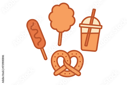 Delicious collection of popular carnival snacks corn dog cotton candy pretzel and refreshing beverage