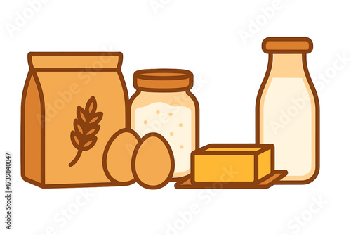 Collection of essential baking ingredients including flour, eggs, milk, butter, and sugar