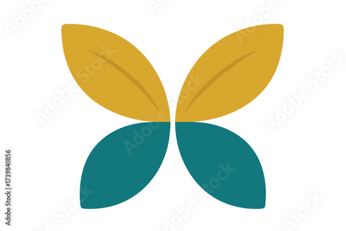 Symmetrical abstract motif of stylized flower petals or butterfly wings in mustard yellow and teal