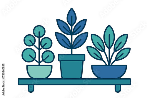 Decorative indoor houseplants sitting on a small shelf in various pots using a modern flat design style