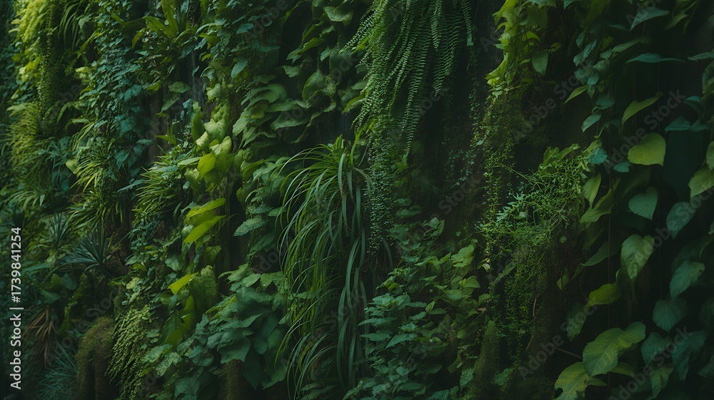 Fototapeta premium Vertical Garden Wall Covered in Diverse Green Plants and Ferns Keywords: vertical garden, green wall