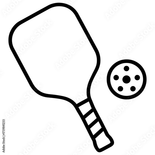 Pickleball paddle with perforated ball, black line icon on white, paddle sport