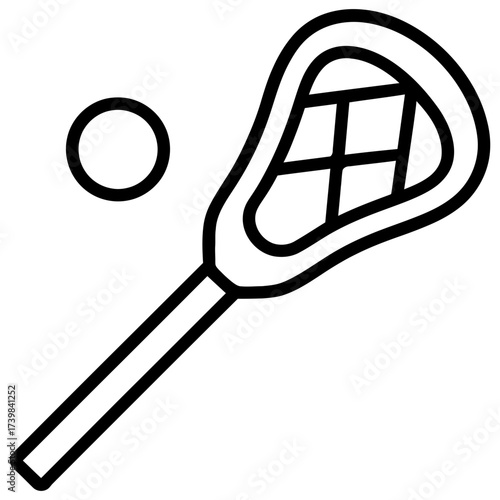 Lacrosse stick with ball, black line icon on white, team sport, speed, training
