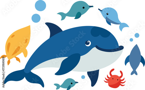 Charming marine animal bundle featuring whales dolphins and crabs vector illustration