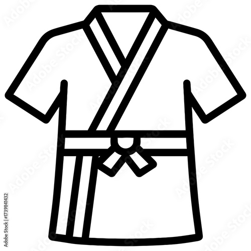 Martial arts gi with belt, black line icon on white background, discipline
