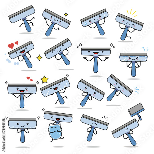 Set of cute window squeegee cartoon character emoticons.