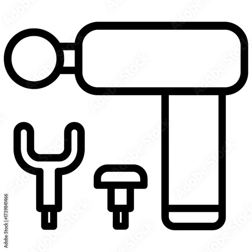Massage gun with interchangeable heads, black line icon on white, muscle recovery
