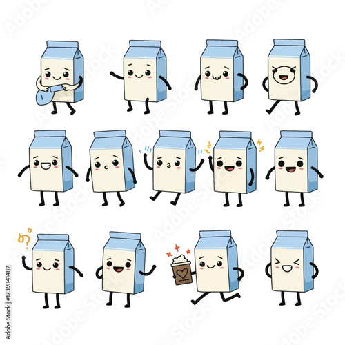 Set of cute kawaii milk carton characters with various emotions and poses.