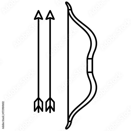 Bow with two arrows, black line icon on white background, archery sport target