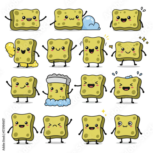 Set of cute cartoon sponge characters with various expressions.