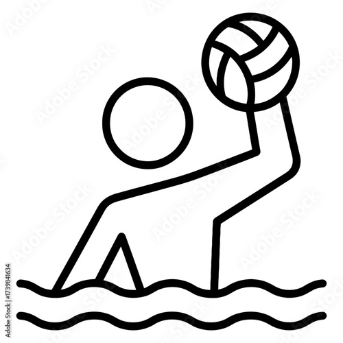 Water polo player holding ball in water, black line icon on white, team sport