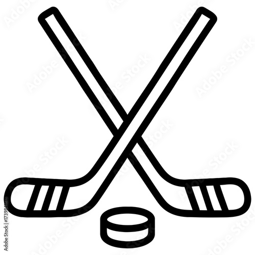 Crossed hockey sticks and puck, black line icon on white, winter team sport