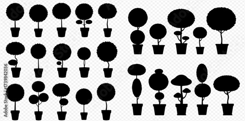A collection of black silhouette illustrations of potted topiary plants and stylized trees in various shapes.