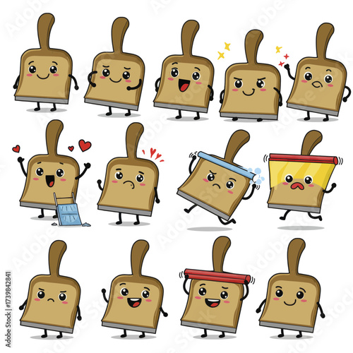 Set of cute dustpan cartoon character mascots with different expressions.