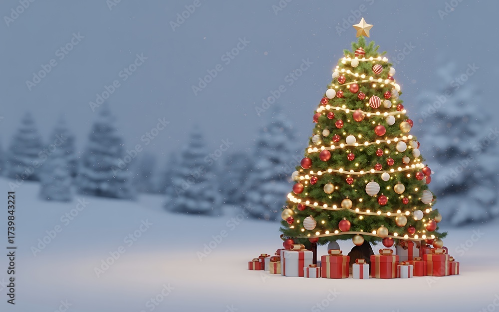 Obraz premium Glow of an ornate Christmas tree with golden lights and red ornaments in a soft, snowy winter forest scene. Elegant holiday backdrop.