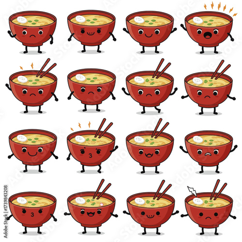 Cute kawaii miso soup bowl character set with various emotions.