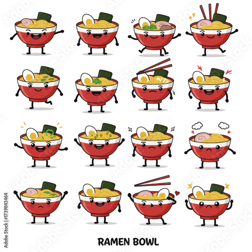 Cute Ramen Bowl Character Mascot Set with Various Expressions.