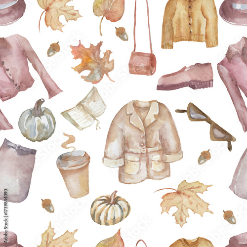 Autumn warm clothes cozy fall leaves mushrooms pumpkin pie hand drawn watercolor illustration