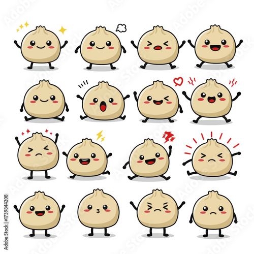 Collection of cute dumpling characters with different emotions.