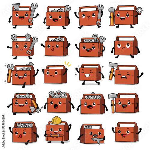 Set of cute cartoon toolbox characters with various expressions.