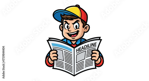 Cartoon boy reading newspaper with headline vector illustration on white background shows