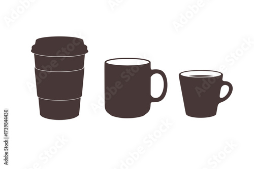 Black Vector Silhouette: Set of Three Modern Coffee Cups	