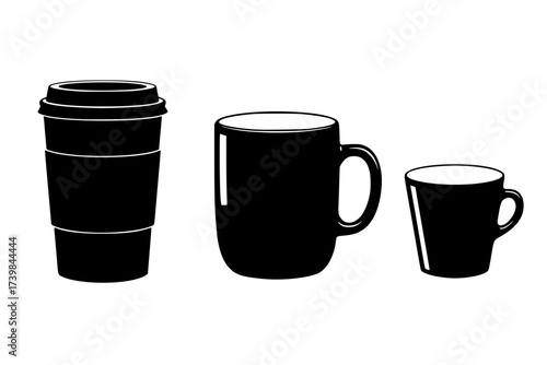 Black Vector Silhouette: Set of Three Modern Coffee Cups	
