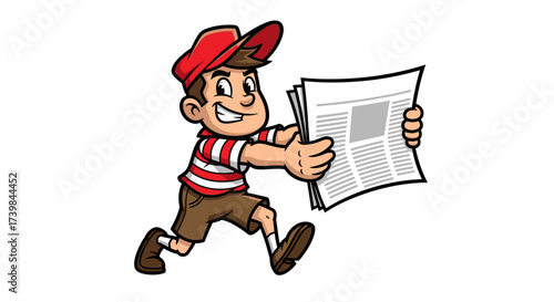 Cartoon paperboy delivering newspapers with a joyful expression and energetic pose illustration