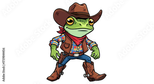 Cartoon amphibian wearing cowboy attire standing against a white background depiction