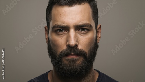 portrait of serious bearded man with intense expression and well-groomed beard against plain background looking directly at the camera with neutral lighting