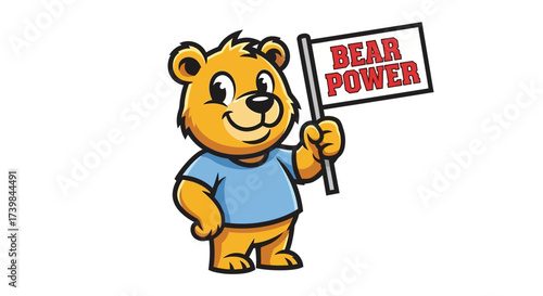 Cartoon Bear Character Mascot Holding a Flag with Bear Power Slogan Illustration