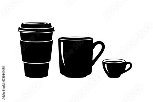 Black Vector Silhouette: Set of Three Modern Coffee Cups	