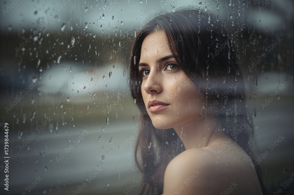 Fototapeta premium young woman with long dark hair looking pensively through a rain-soaked window with droplets reflecting light and blurred background elements