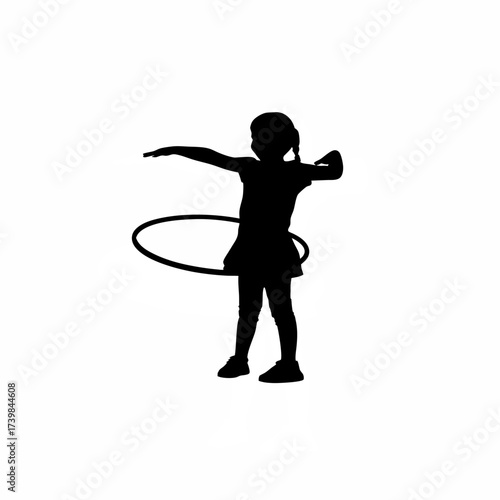 Silhouette of a girl spinning hula hoop isolated on white background
