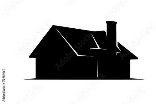 Black Vector Silhouette: Single Simple House and Chimney	