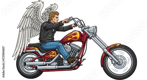 Cartoon illustration of an angel biker riding a customized motorcycle with flame decals