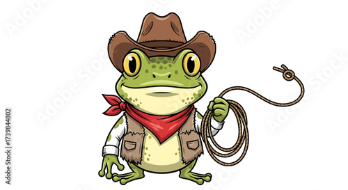 Adorable Cowboy Frog Cartoon Character with Lasso for Children's Illustration Theme