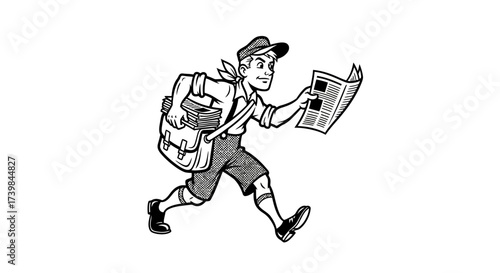 Vintage style illustration of a newsboy delivering newspapers with a retro look and feel