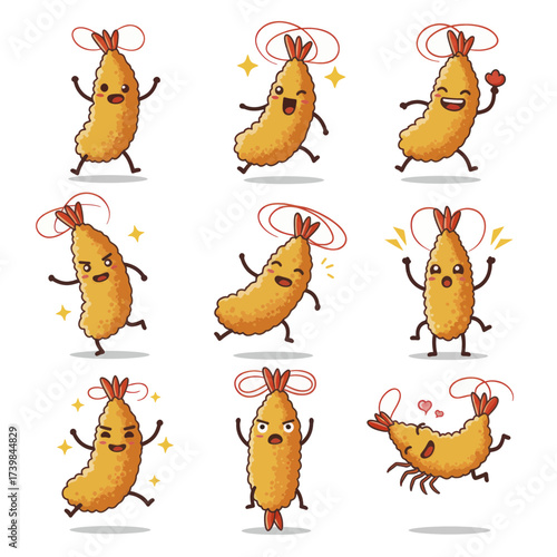 Set of cute tempura shrimp cartoon characters with various expressions.