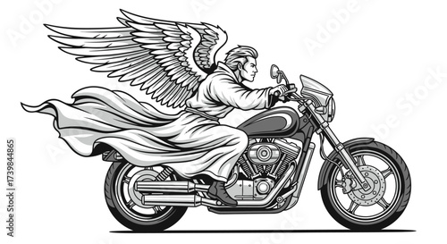 Stylized monochrome illustration of an angel riding a powerful motorcycle dynamically posed
