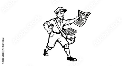 Cartoon Newsboy Running with Newspaper Delivering News in Retro Style Illustration