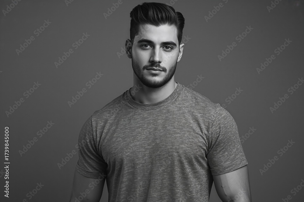 Fototapeta premium portrait of an athletic young man with a beard wearing a grey T-shirt on a plain gray background in black and white photography showcasing male fitness model features in a studio setting